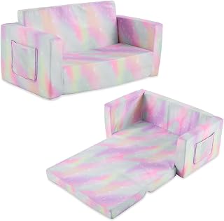 Karlhome Comfy 2-in-1 Toddler Convertible Sofa Bed Chair - Plush Fold-Out Lounger for Kids Playroom, Pink Tie Dye Couch