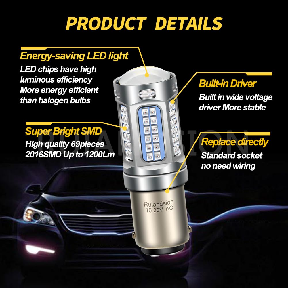 Ruiandsion BA15D 1130 1142 1176 Ampoule led Rouge AC 10-30V Sans polarité 2016 69SMD Chip Remplacement pour les feux de queue de voiture de remorque marine RV Camper Boat Paquet de 2