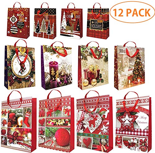 THE TWIDDLERS Lot de 12 - Assortiment de Sacs Cadeaux de Noël - avec Poignées de Ruban - Designs et Motifs de Fêtes Modernes et Traditionnels