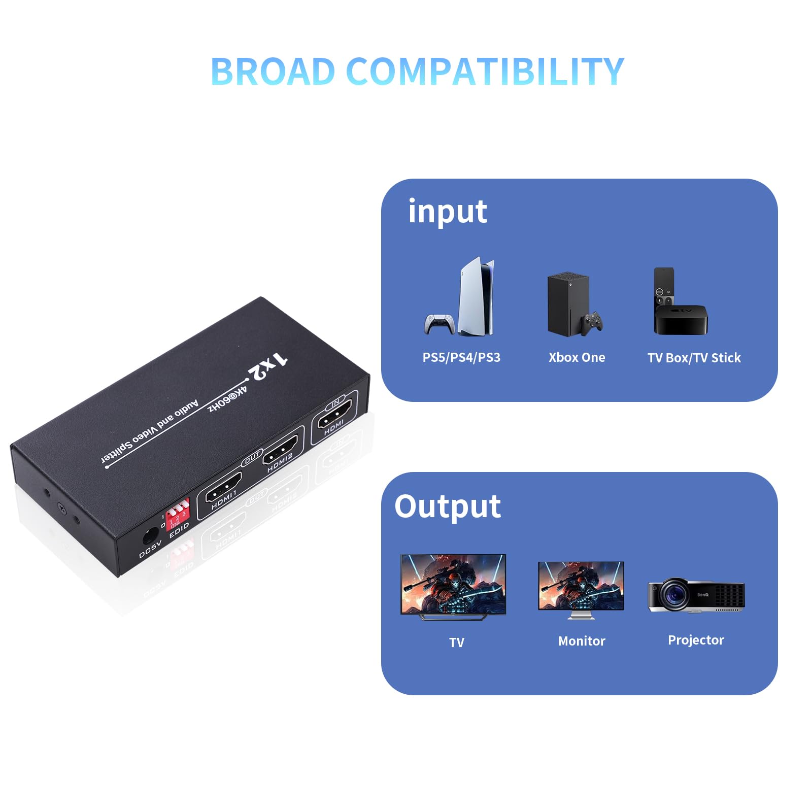 Splitter HDMI 1 in 2 Out 4K60@HZ, EDID, Duplicate/Mirror 4K, scatola di distribuzione audio video, supporto 3D e 4K x 2K, compatibile per HDTV, laptop, DVD, PS4/PS5, proiettore, ecc