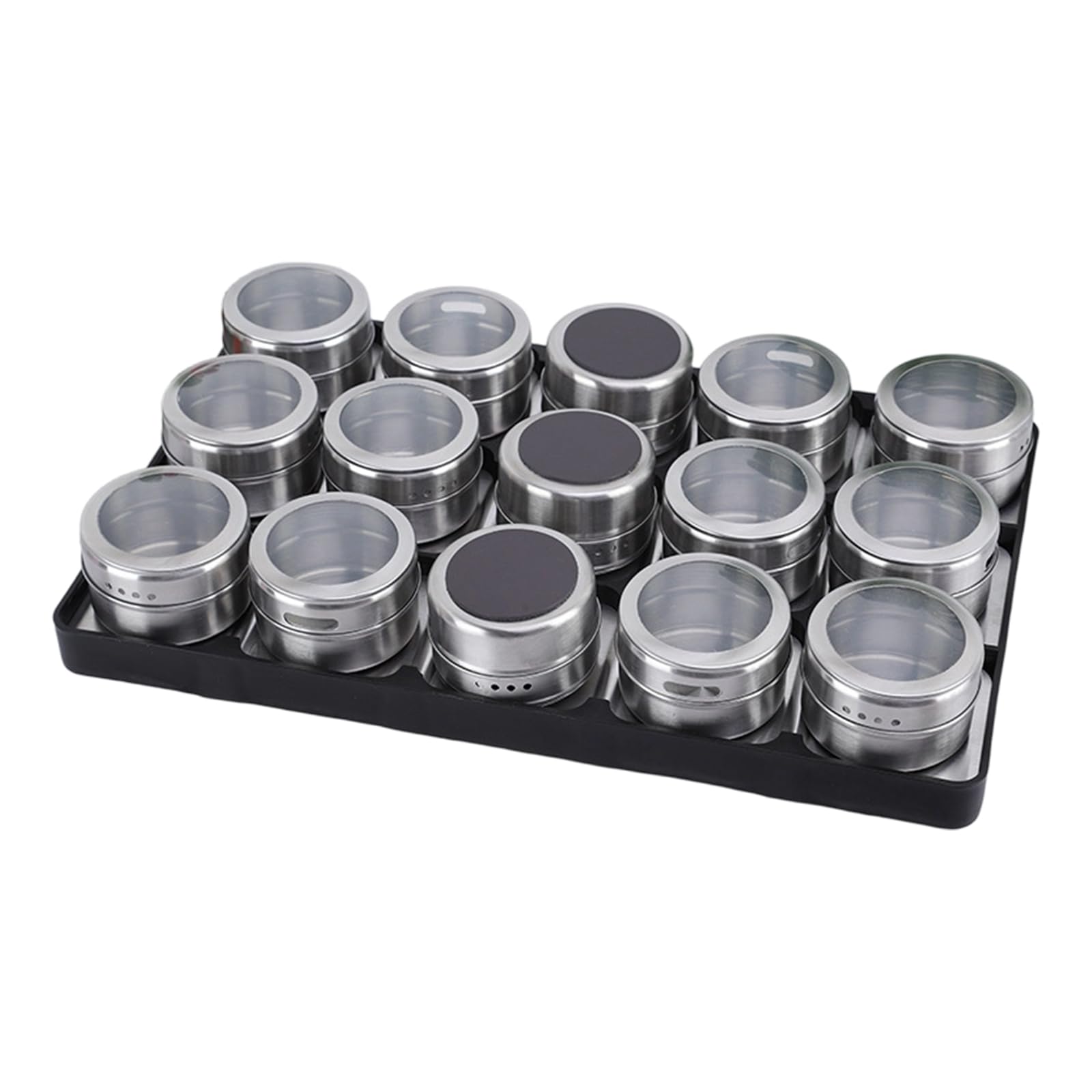 Stainless Steel Seasoning Jar Set with Tray Base, Clear Lids, and 15-Piece Countertop Storage Layout for Kitchen Prep and Barbecue Cooking Areas Seasoning Organizer Condiment Jars Clear Lid Tins Tray