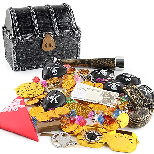142Pcs Jouet de trésor de Pirates avec Coffre au trésor Pirates d'argent pour la Toussaint,Bijoux de Pierres Précieuses de Pirate et Gold Coins pour Jeu de Chasse au Tresor Pirates de Enfants Cover