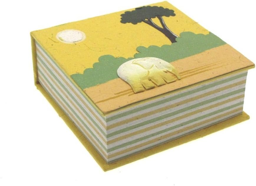 Elephant Dung Note Cube | Yellow | 100 Sheets of Coloured Recycled Paper | Square Memo Pad Holder | 10cm x 10cm | Genuine Elephant Poo Notecube | Fair Trade and Handmade Elephant Gifts for Men and Women