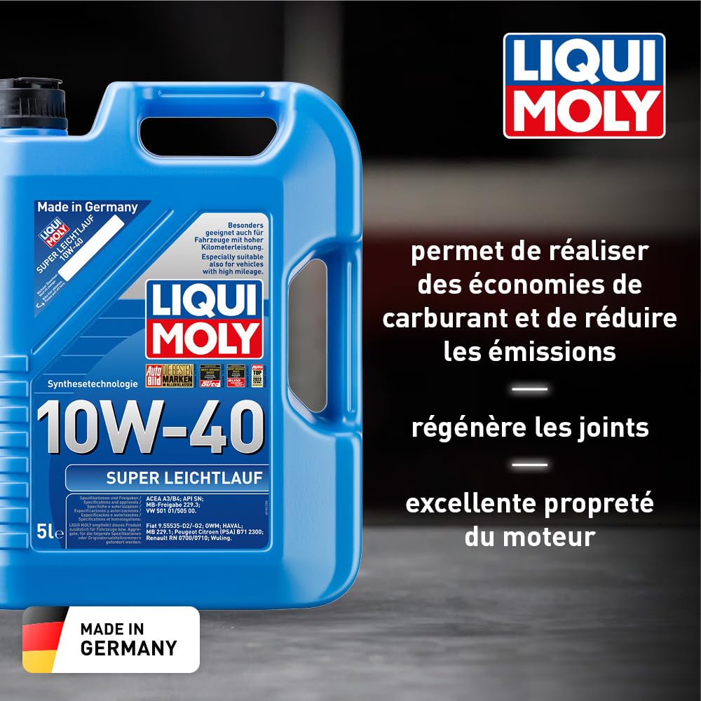 LIQUI MOLY Huile moteur Leichtlauf 10W-40 Huile en partie synthétique ACEA A3/B4 API SP Super 5 L Compatible avec VW Golf 4 3/5 portes 1J1 Golf 5 3/5 portes 1K1 Polo IV 3/5 portes 9N, 9A, SEAT, AUDI