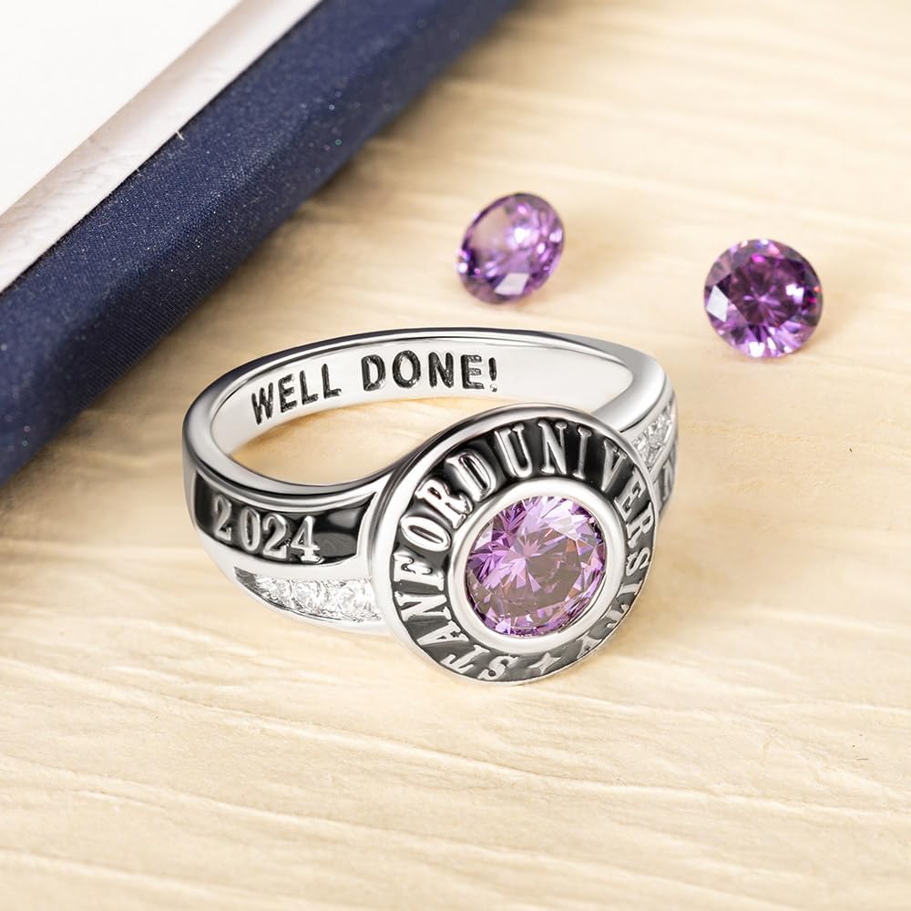 Custom Class Ring with Year Grad School Name for Women Birthstone Graduation Rings for Her Class of 2026 Silver Gold Junior High School College Senior Rings Personalized University Graduation Ring