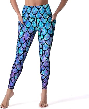 Mermaid Scales Womens Workout Leggings with Pockets - High-Waist, Thick 4-Way Stretch Running Yoga Pants