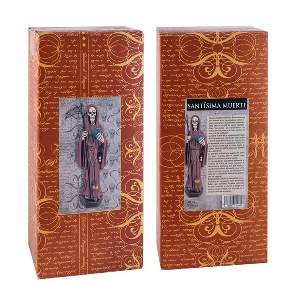 Santísima Muerte roja Figura 40 cm. Detalles búho Bola Mundo Imagen Resina peana