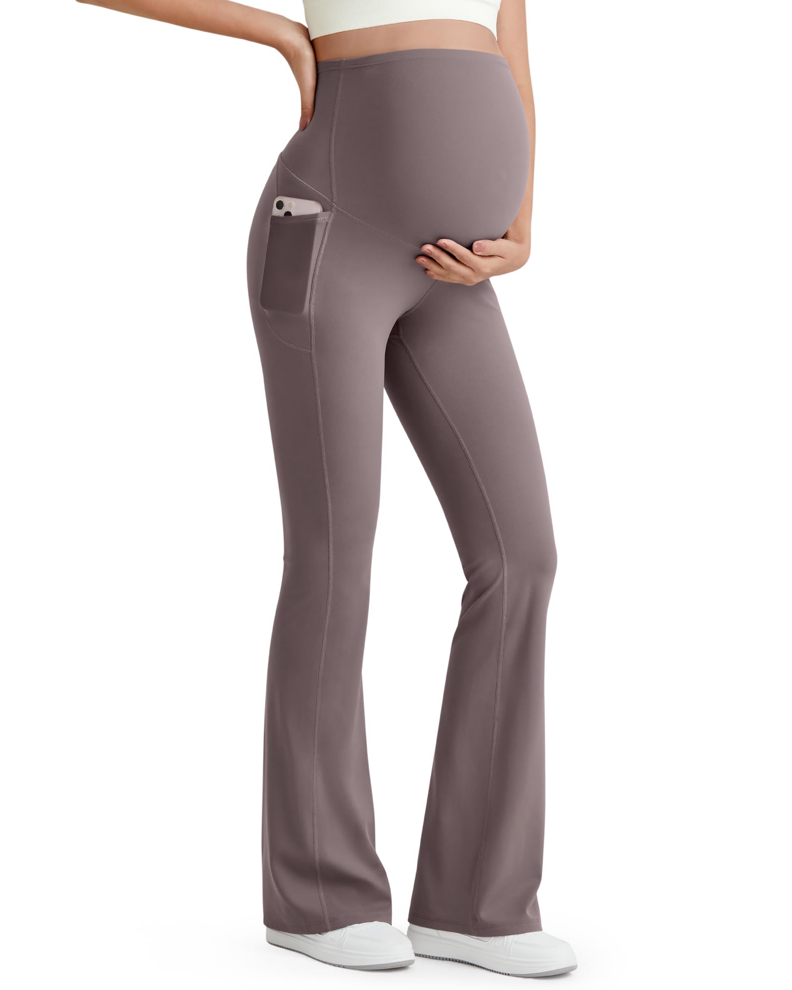 G4Free BareFeel Maternity Flare Leggings with Pockets Over The Belly Stretchy Casual Lounge Pregnancy Dress Pants for Work