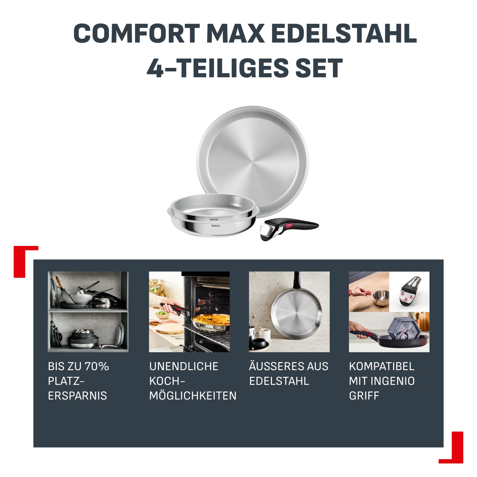 Tefal Ingenio Comfort Max 4-tlg. Pfannen-Set, unversiegelt | extrastarker Boden, platzsparend, für alle Herdarten, sicherer Griff, mühelose Reinigung, Edelstahl, L968S434