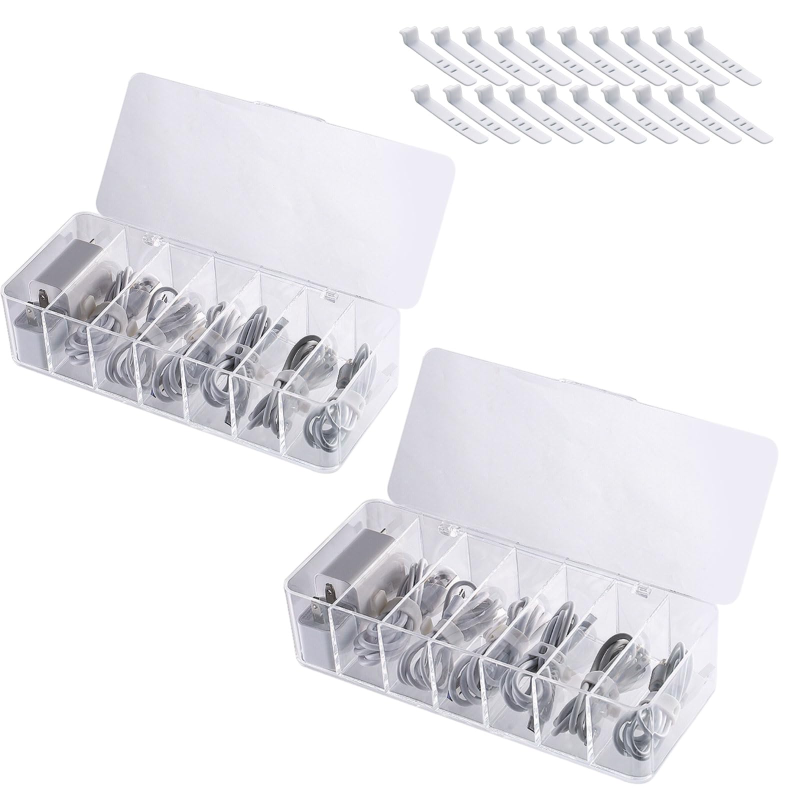 2 stuks transparante opbergdozen, voor kabels, met 14 vakken en 20 kabelbinders, opbergdoos voor kabel en oplader, kabelopslag, kantoor 2 stuks transparante opbergdozen, voor kabels, met 14 vakken en 20 kabelbinders, opbergdoos voor kabel en oplader, kabelopslag, kantoor