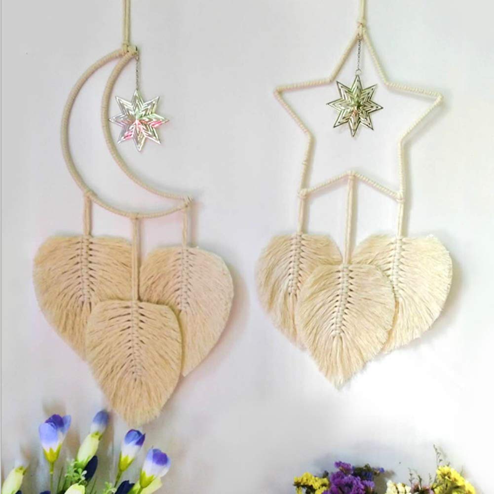 Macrame Moon Star Tapestry Wall Decor Handmade Boho Dream Catcher for Kids Women,Man and Kids （2 Pcs）