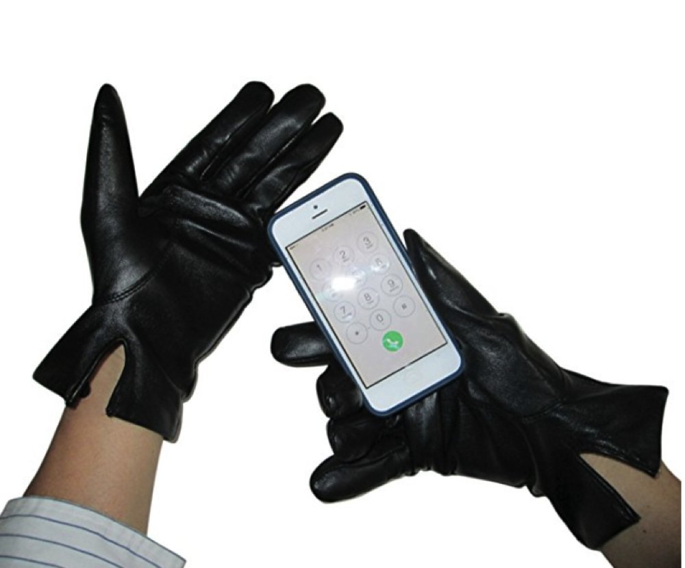 FOWNES Mens Faux Fur Lined All Fingers Conductive Leather Smart Gloves (Medium, Black)