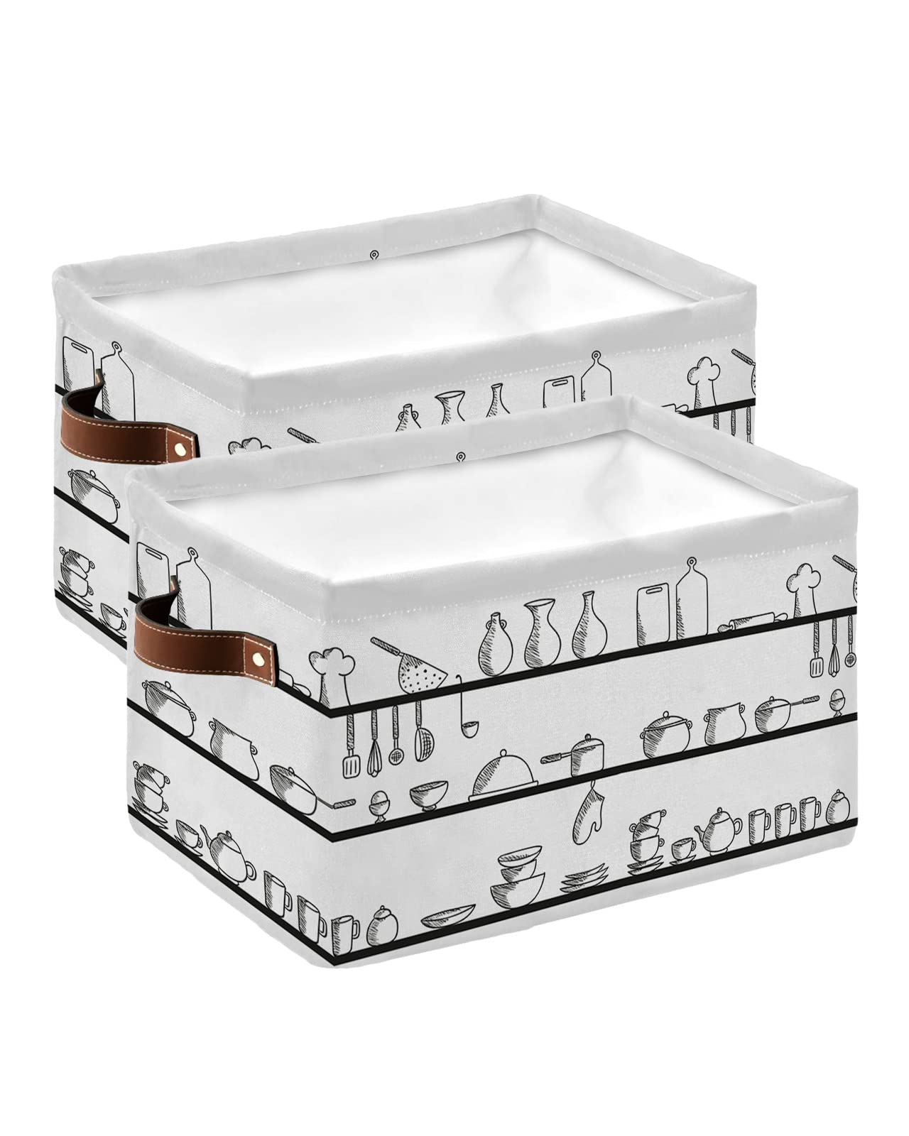 2 PCS Large Storage Basket Bins Waterproof Fabric, Kitchen Uutensils Rectangular Storage Box for Shelf Closet Organizer Chef Black White Sketch