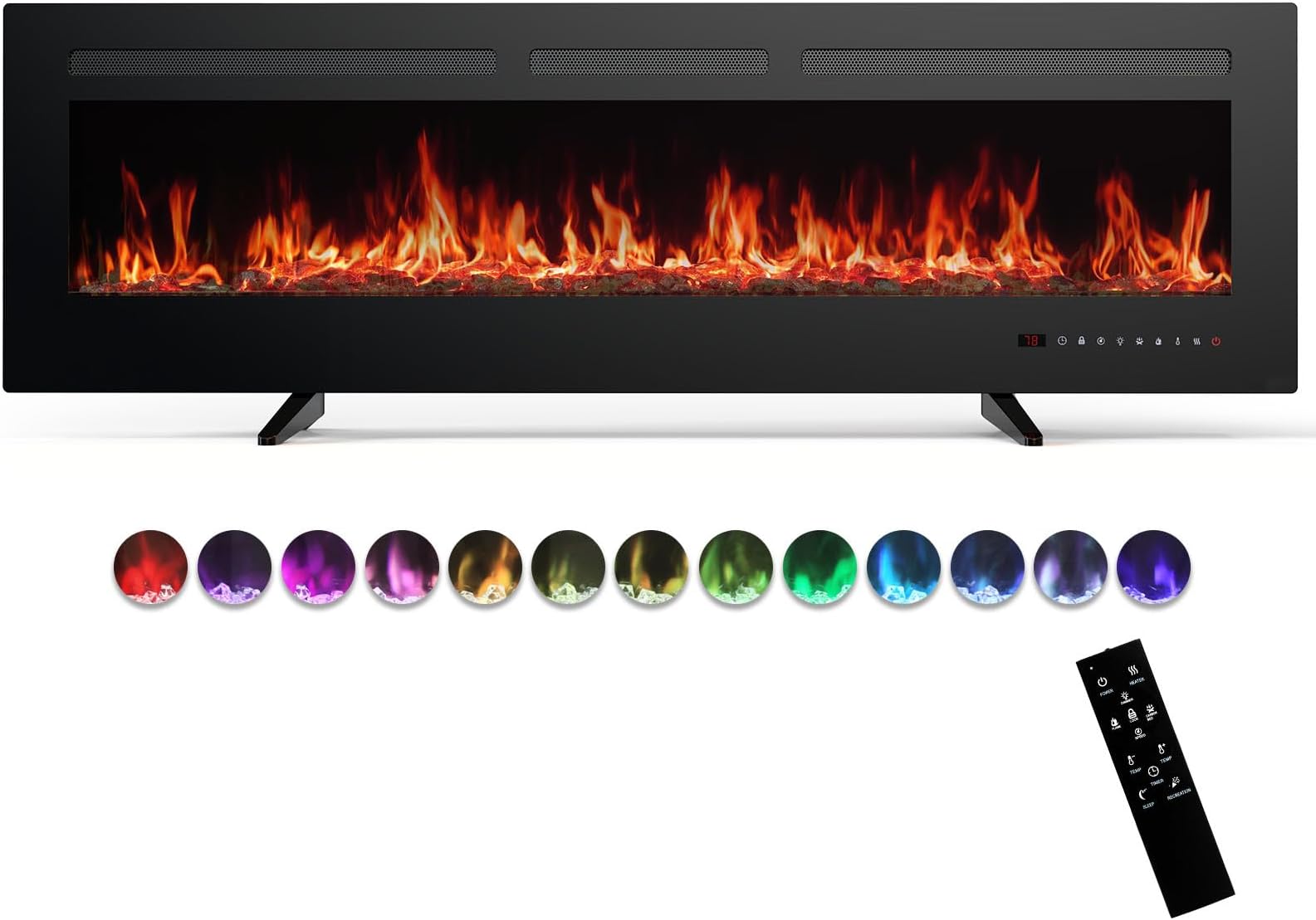 Sweetcrispy 60" Electric Fireplace Wall Mounted or Recessed Insert, 1500W/750W Freestanding Fireplaces Heater with Remote Control,13 Adjustable Flame Color, 12H Timer, Touch Screen