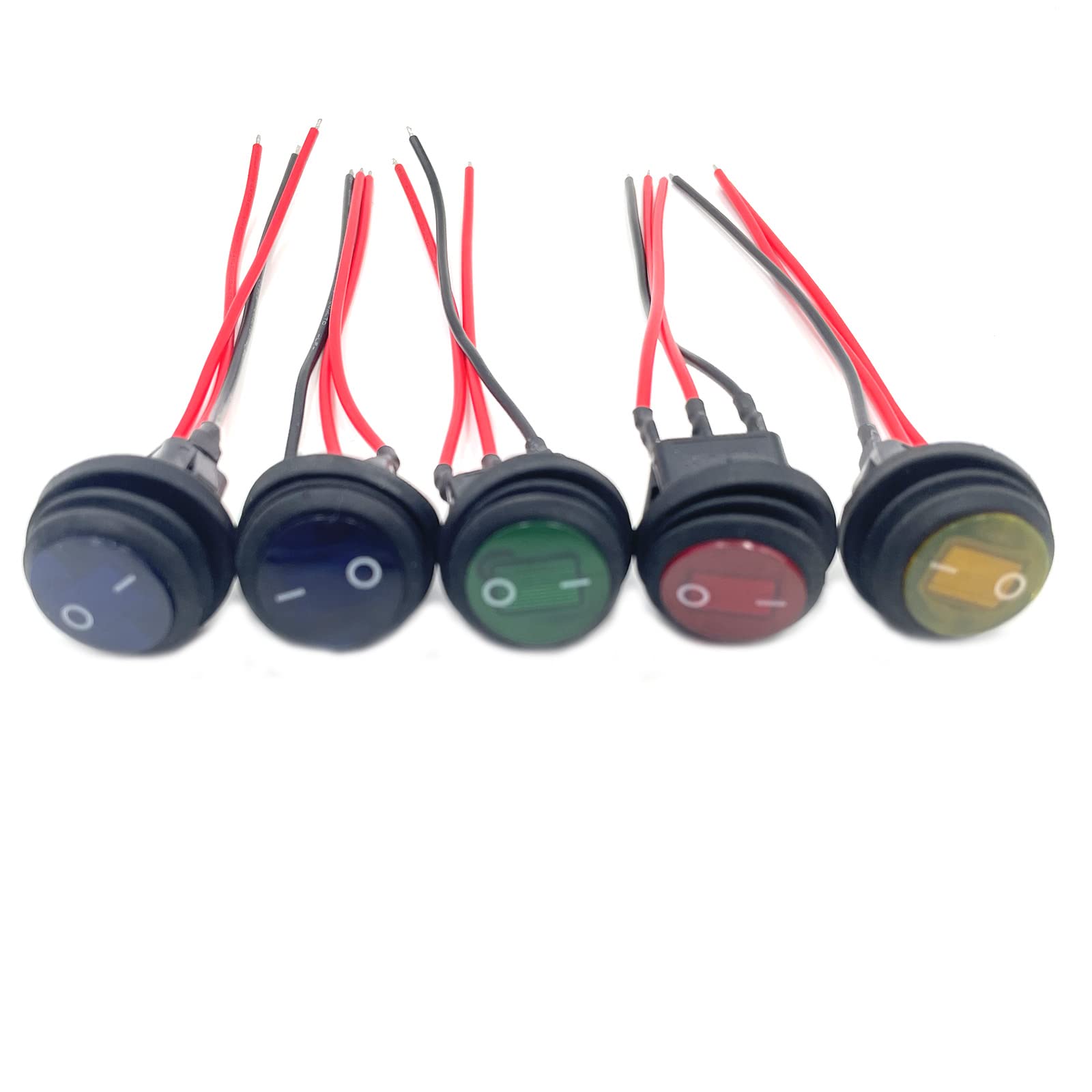 5pcs waterproof rocker switch with wires pre-wired Round ON/Off 3 Pin 12V 20A Illuminated Toggle switch for Car Auto RV Truck Boat,4 colors(2pcs Blue/1pcs red/1pcs Green/1pcs yellow)