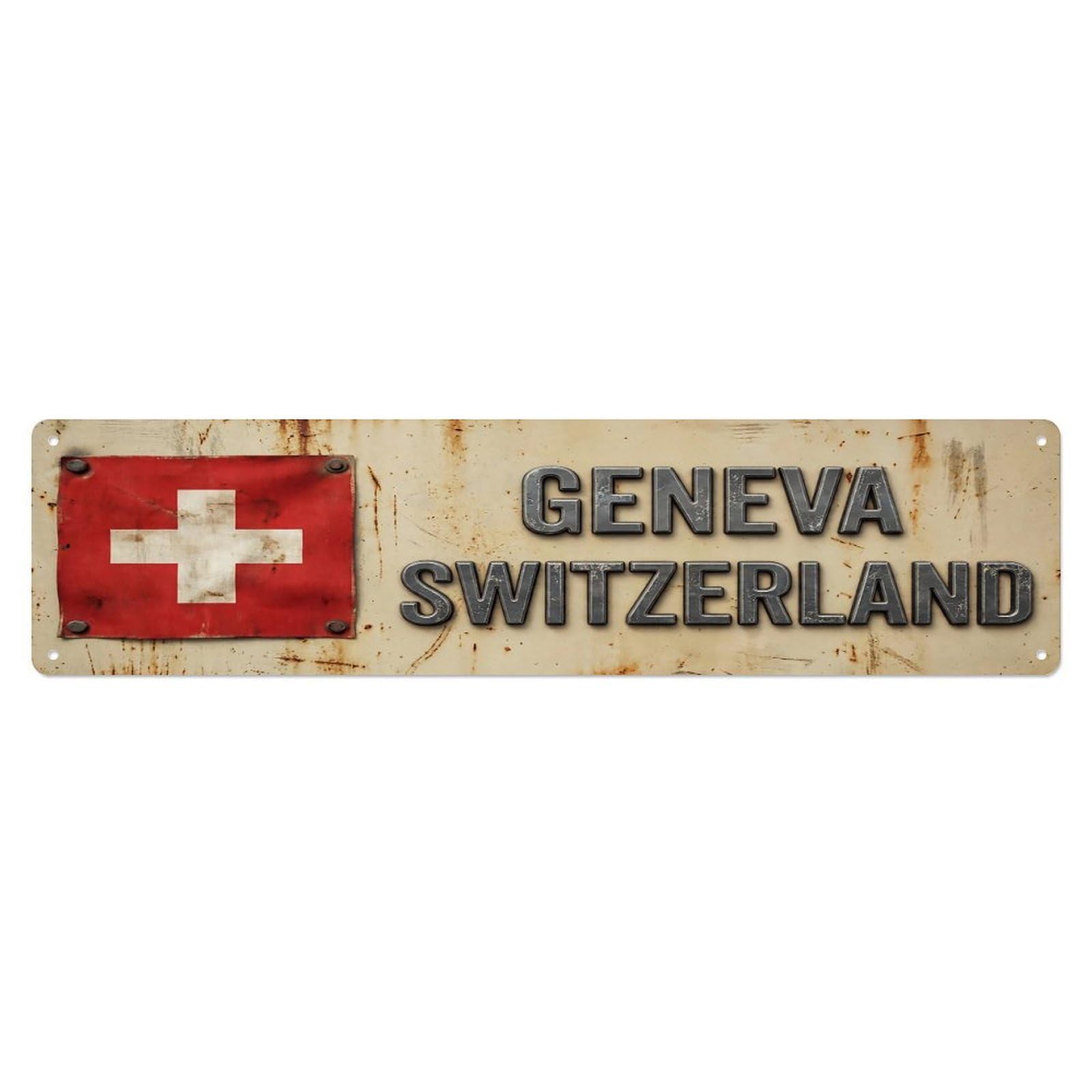 Vintage Geneva Switzerland Flag Decor Rustic Travel Metal Tin Sign