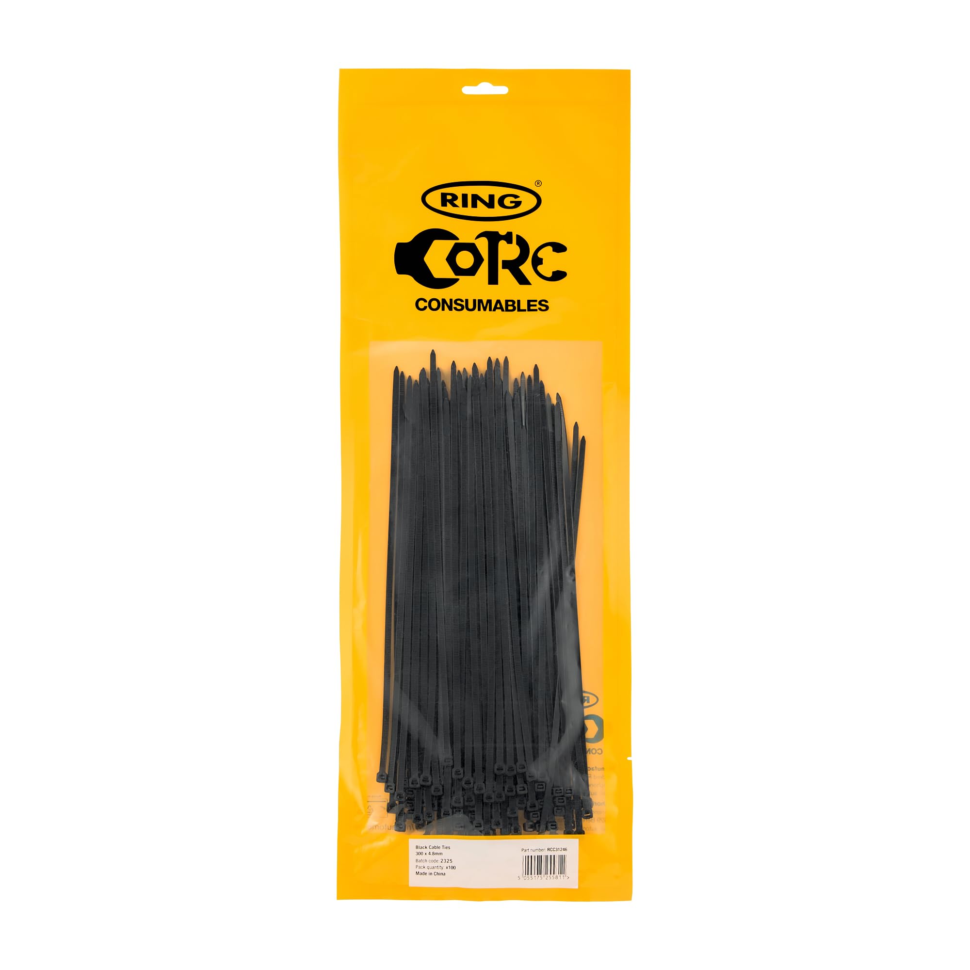 RING Black Cable Ties, 300 x 4.8 mm (100 Pcs) General Purpose, Supplied in a Re-Sealable Pack