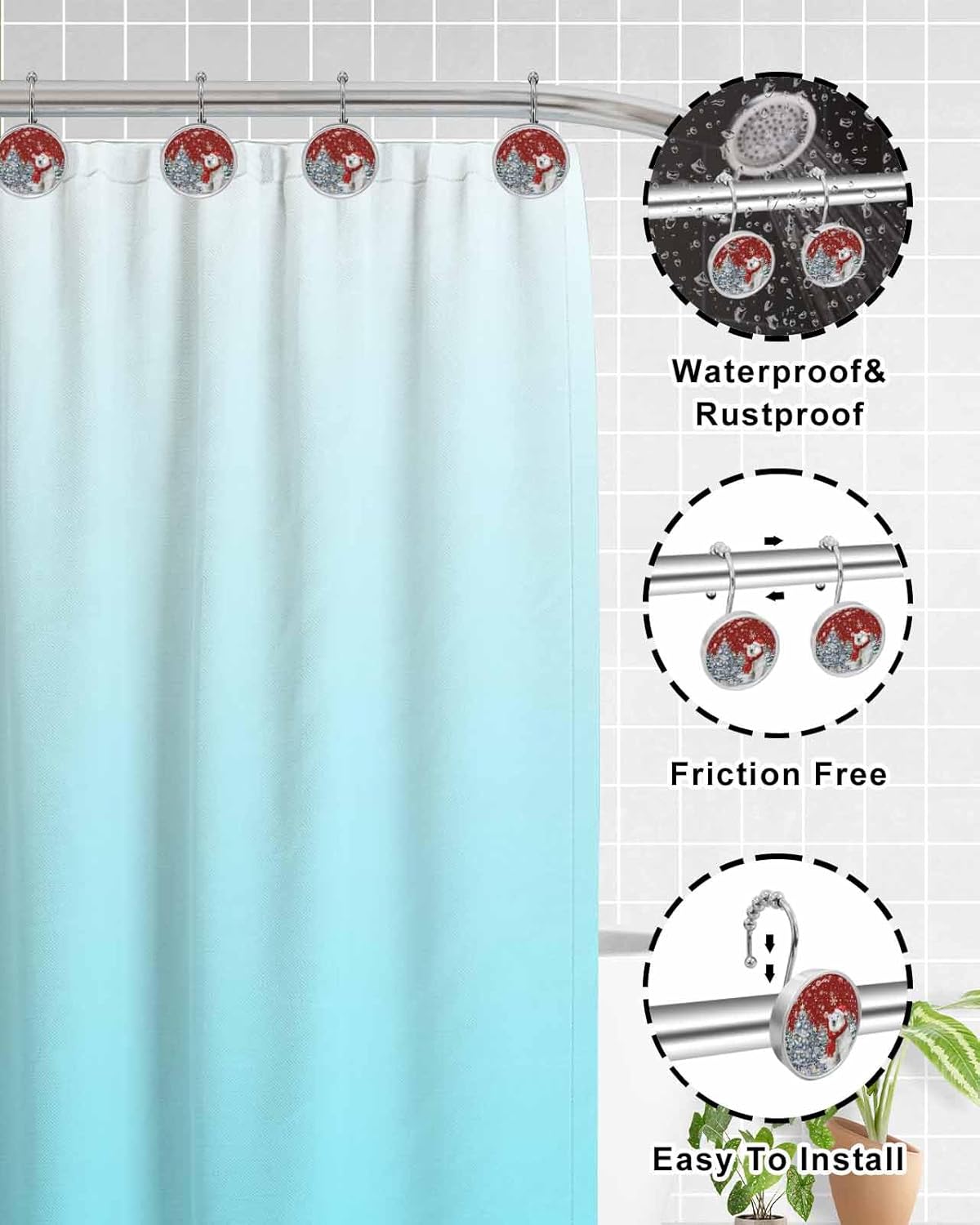 Shower Curtain Hooks 12 Pcs Christmas Bear Xmas Tree and Gifts Snowflake Red Stainless Steel Rust Proof Rolling Shower Curtain Rings, Decorative Shower Curtain Hooks Hangers for Bathroom