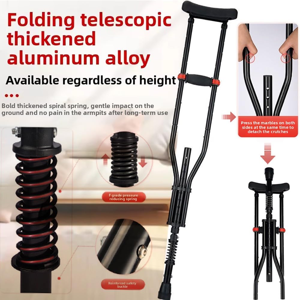 Muletas Axilares 1 Par (2 Piezas) – Altura Ajustable 108-160cm 20 Niveles Regulables，con Amortiguación y Plegable, Aluminio y Almohadillas de Goma Soportan 150kg, para Mayores o Post-Cirugía (Negro)