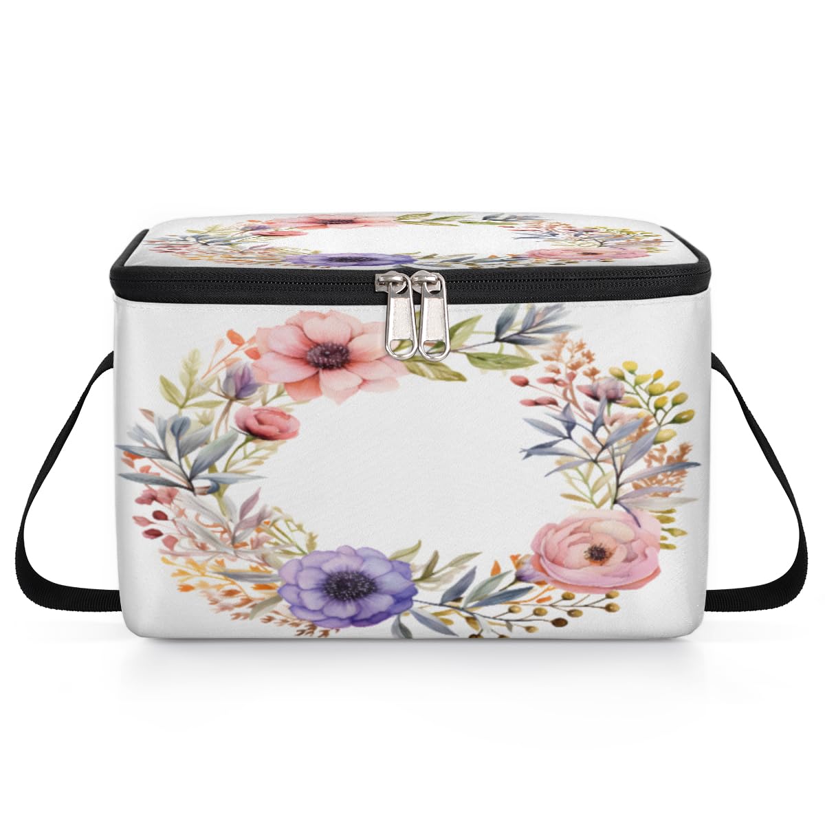 GzLeyigou Floral Wreath Lunch Bags for Women Men 9 Cans, Hot & Cold Food Delivery Bag Insulated Grocery Bag Insulated Lunch Box Beautiful Flower Cooler Bag for Office Work Picnic Beach