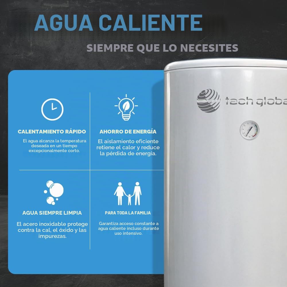 TECHGLOBE - Acumulador de agua caliente - 2 intercambiadores de calor (1,8 + 2,4 m²) - acer inoxidable - bajo consumo energético - aislamiento de 50 mm - Termo vertical (200 L)