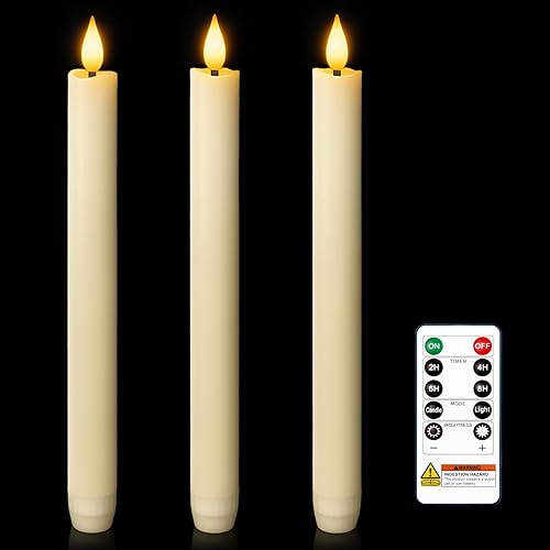 Homemory 3 Piezas Velas Cónicas Cerosas Sin Llama con Control Remoto, Velas Cónicas Parpadeantes que Funcionan con Pilas, Candeleros LED Sin Llama