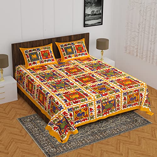 Image of 100% Cotton 240 TC Pure Cotton Bedsheet for Double Bed, King & Queen Size Bed with 2 Pillow Covers, Jaipuri Rajasthani Design, Extra Soft & Wrinkle Free 90x100