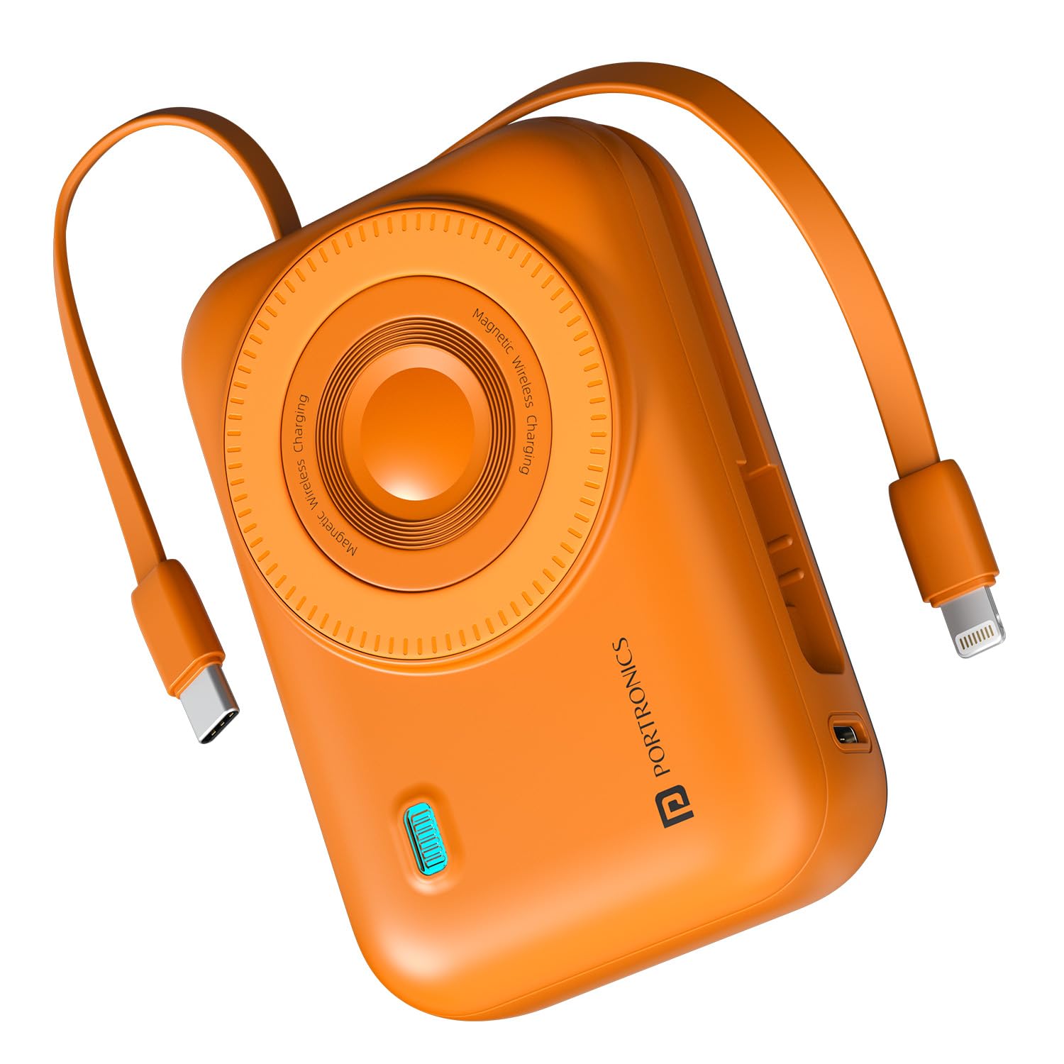 Portronics Power Shutter 20000mAh 15W Magnetic Wireless Fast Charging Powerbank with in-Built Type C & 8 Pin Cable, 22.5W Type C PD Output, Type C Bidirectional Port, LED Display (Orange)-image-4