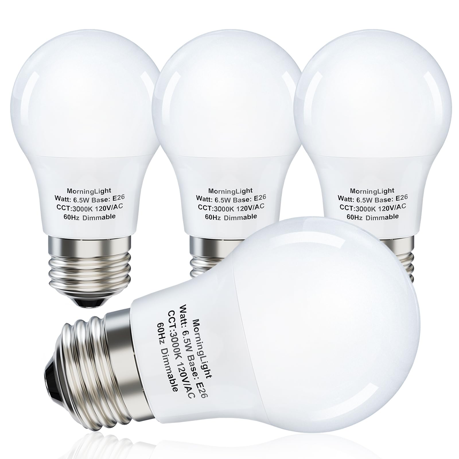 MorningLight A15 Ceiling Fan Light Bulb 60 Watt Equivalent, 6.5W Dimmable LED Light Bulbs, 3000K Soft White, E26 Base, 4 Pack A15 LED Light Bulbs 60W for Living Room, Bedroom, 600LM