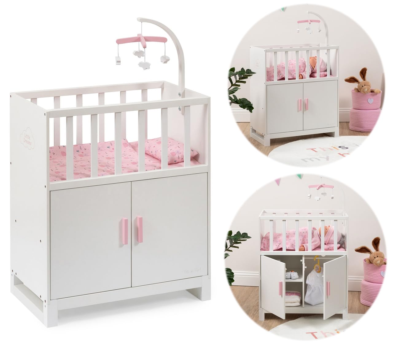 Puppenbett Cozy mit Schrank und Mobile aus Holz (Weiß-Rosa)