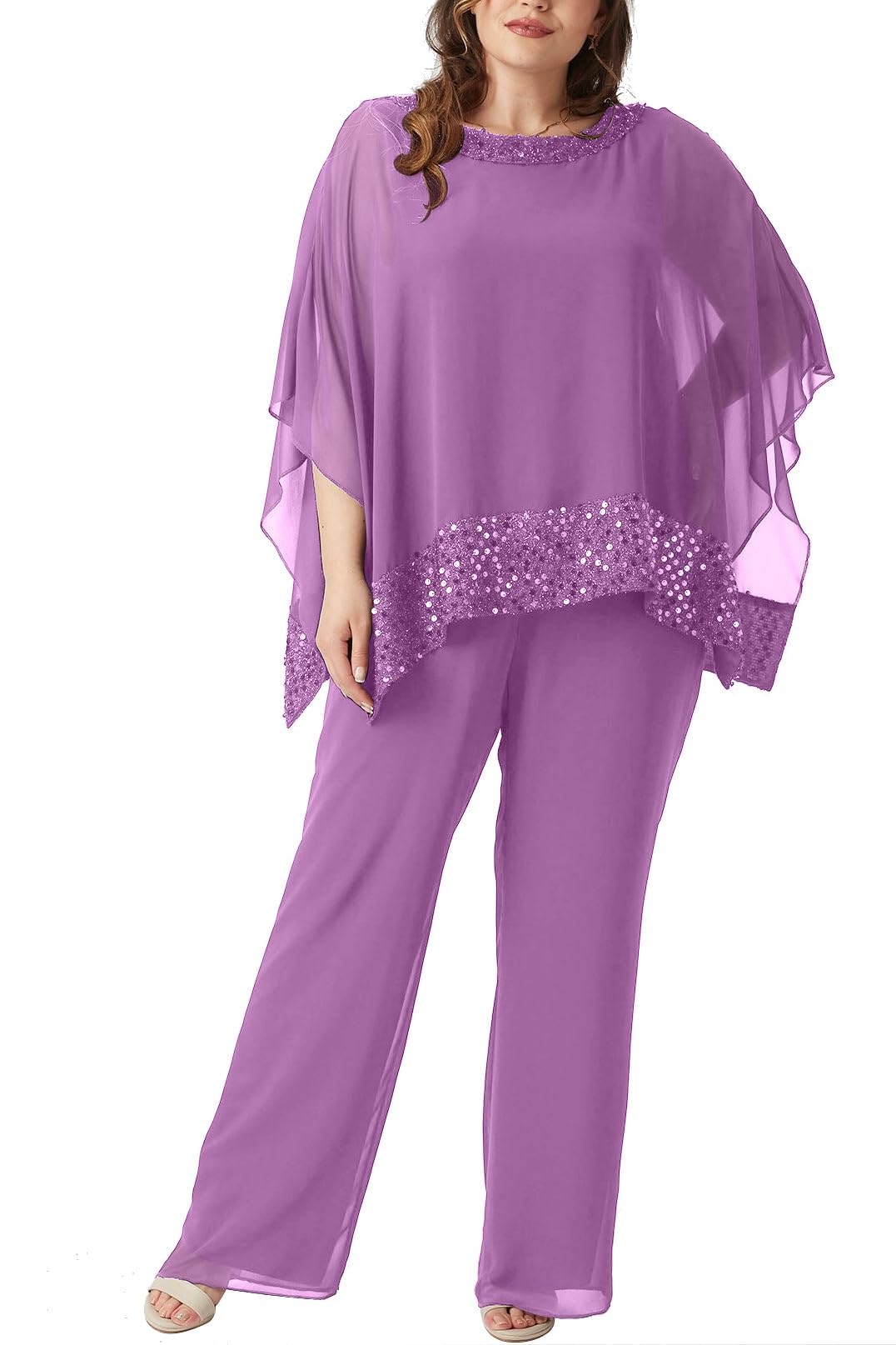 3 Pcs Pant Suits for Women Dressy - Plus Size Mother of Bride Pantsuits Chiffon Sequin Wedding Guest