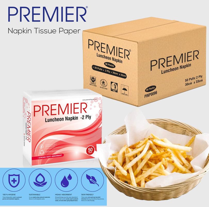 Image of Premier Luncheon Wholesale Tissue Paper Napkins (4800 Pulls) | 50 Pulls x 96 Pack (Bulk Carton) | 2-ply Disposable Table Napkins For Home, Office, Resturants | Ideal for Dining, Parties & Everyday Use