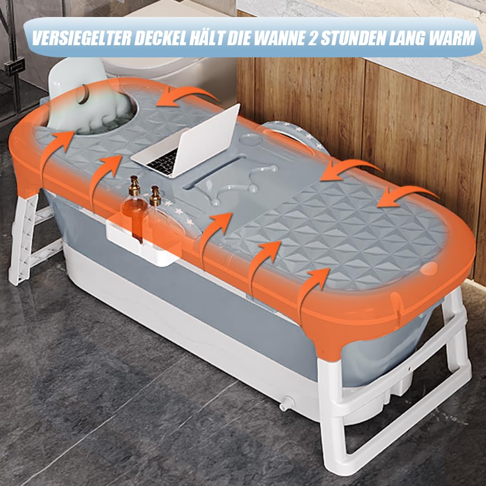 Baignoire pliable pour adulte XXL 118 * 60 * 53cm, Baignoire portable pliable avec couvercle, repose-tête et rouleau de massage, baignoire pliable pour salle de bains (GRIS)