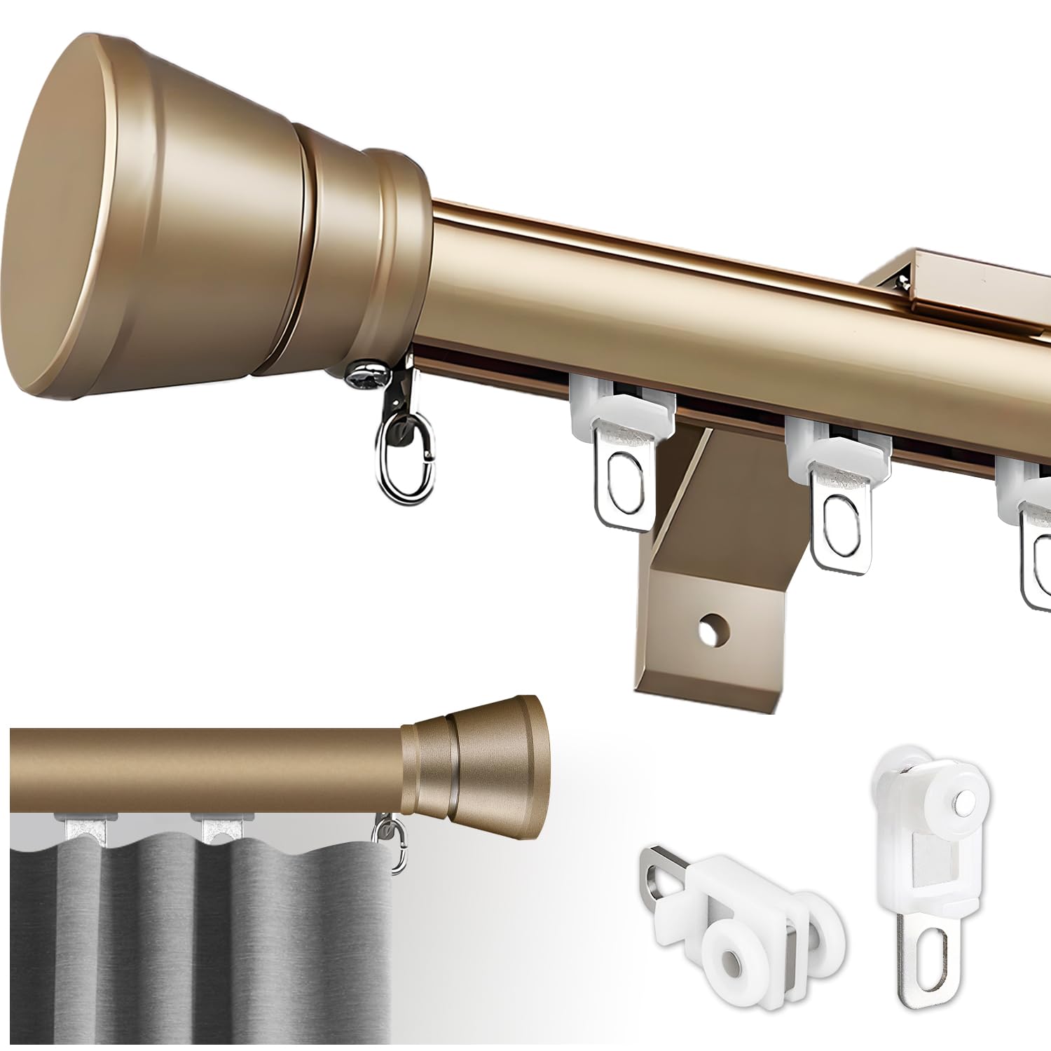 Photo 1 of Single Curtain Track for Windows, 3.4m(11.2ft) Wall Mounted Heavy Duty Decorative Curtain rail with End Caps, Aluminum Brackets, Silent Wheels Easy to Install for Bedroom Living Room?Gold?