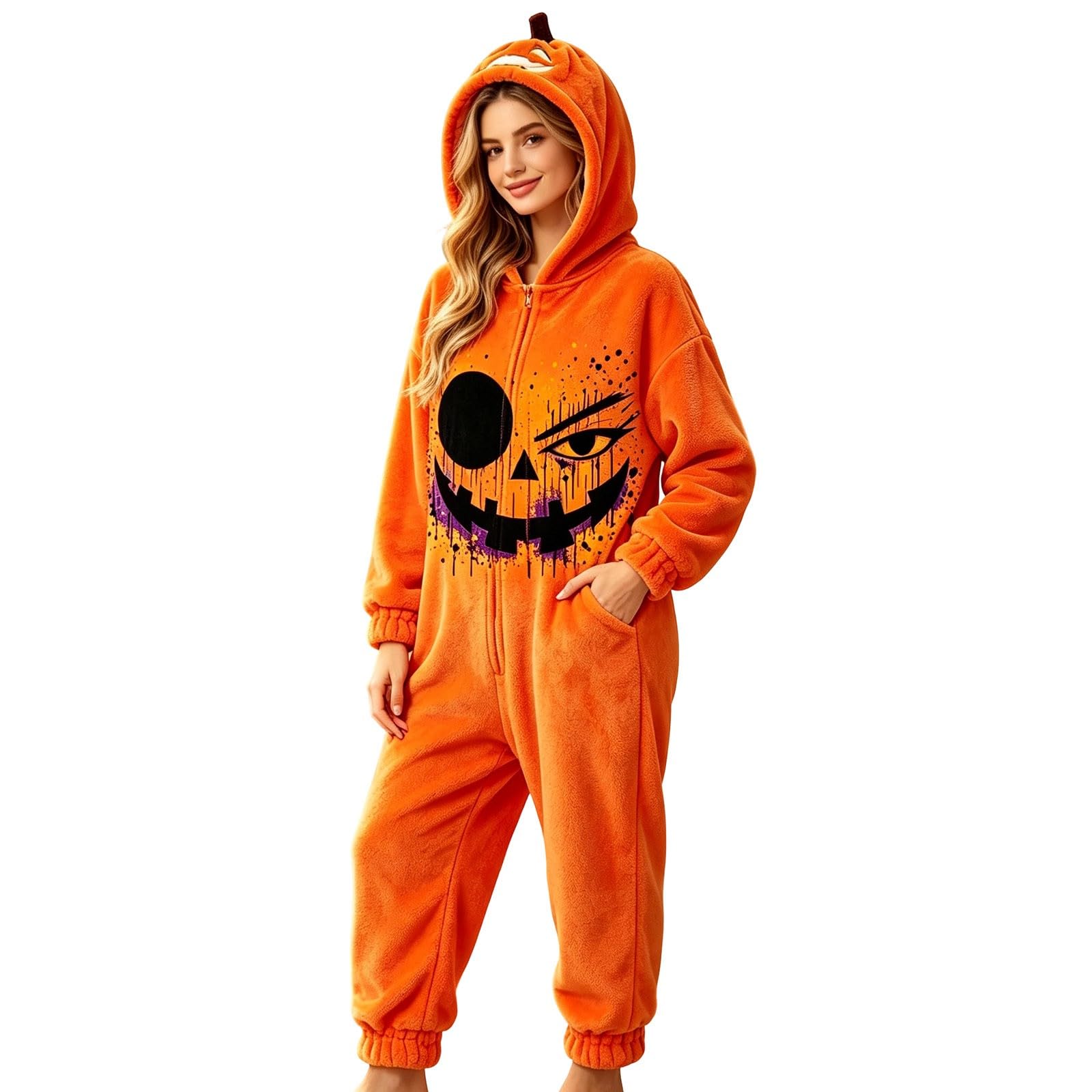 Pigiama intero da donna e uomo, unisex, per Halloween, a forma di zucca, in pile, divertente, per dormire, per carnevale