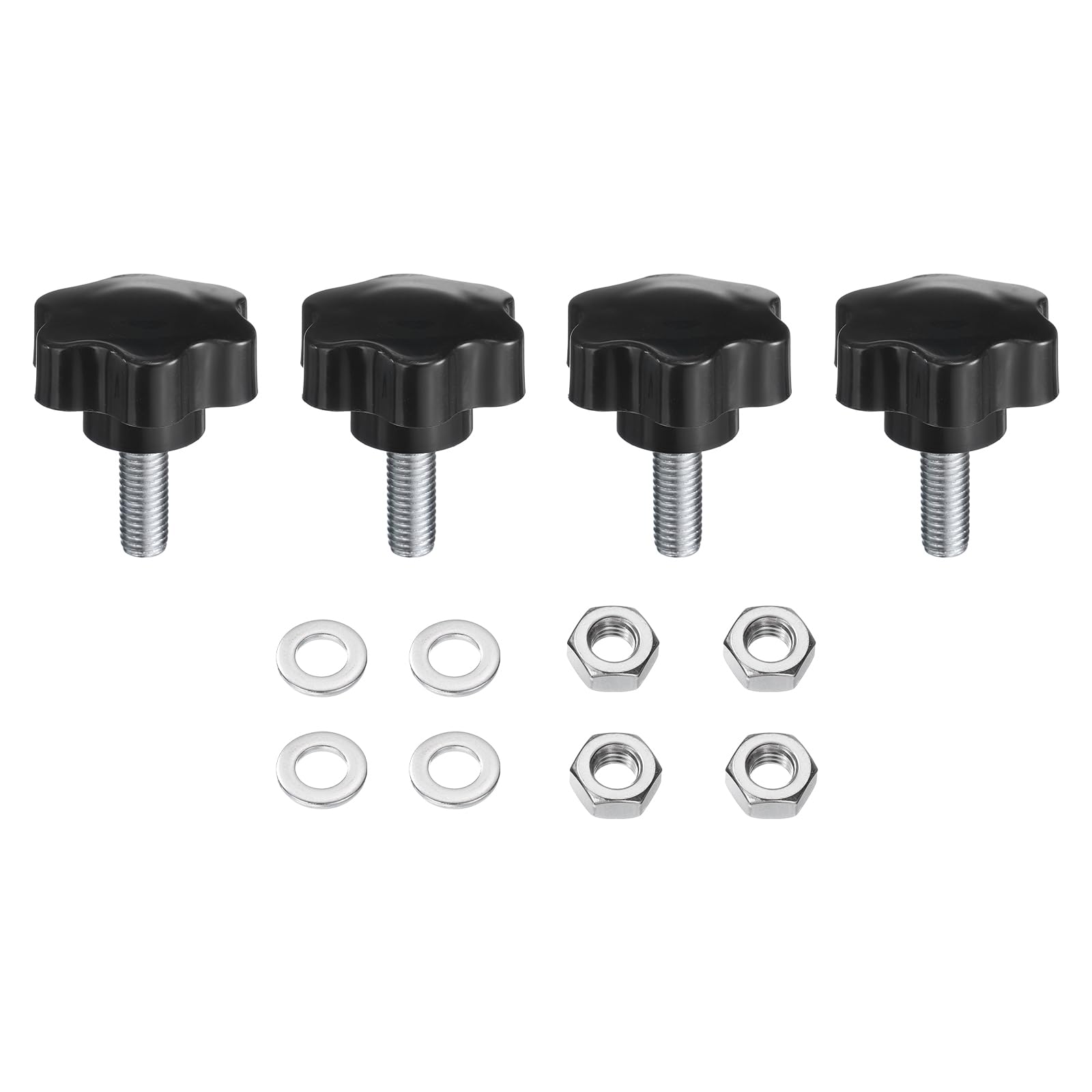 uxcell 4pcs Star Clamping Knobs with Nuts Washers, M10 x 25mm Metric Zinc Plated Carbon Steel Male Thread 48mm 6-Star Plastic Head, Threaded Stud Hand Knobs Handles Thumb Screws, Black