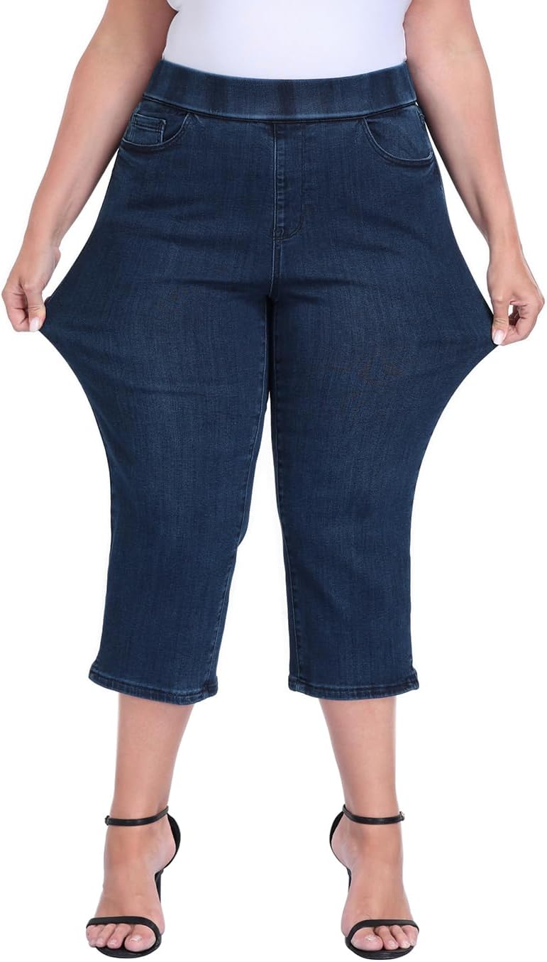 HDE Women's Plus Size Pull On Crop Capri Jeans Tummy Control 21" Inseam Elastic High Waist Stretch Denim Capris with Pockets