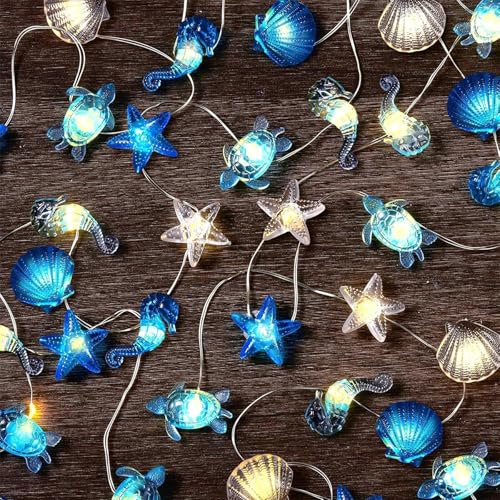 Auzlya Lichterkette Meerestiere,2M 20 LED Muscheln lichterkette,Sommer Maritime Deko,Seestern Schildkröte Seepferdchen Muscheln lichterkettes,für Kinderzimmer Hochzeit,Valentinstag,Party Dekoration