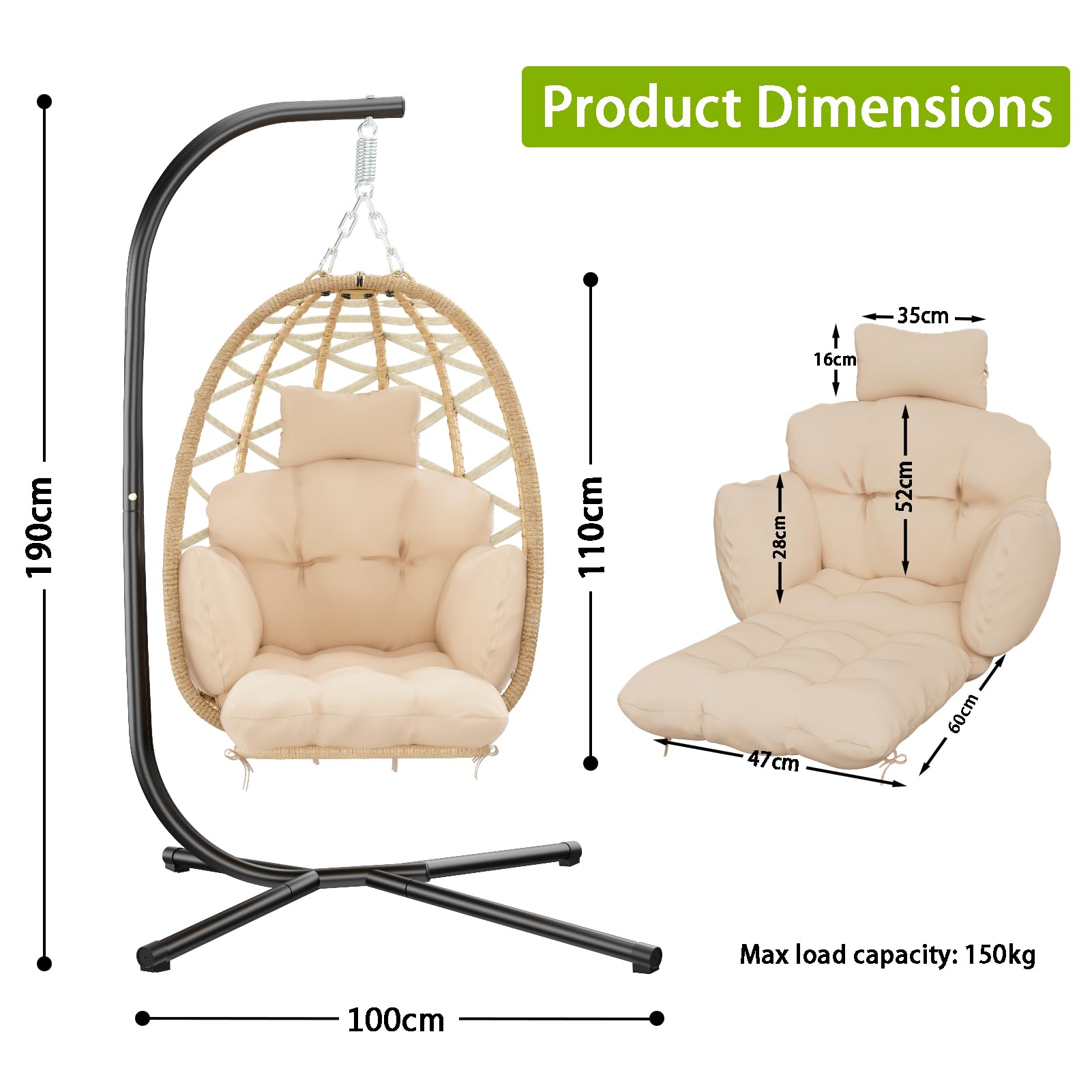 Silla Colgante con Estructura, Silla Colgante Huevo con Reposapiés, Desmontable Cojines Gruesos, Sillon Colgante para Interior & Exterior, Egg Chair Jardín, Balcón, Terraza, Hasta 150 kg - Beige
