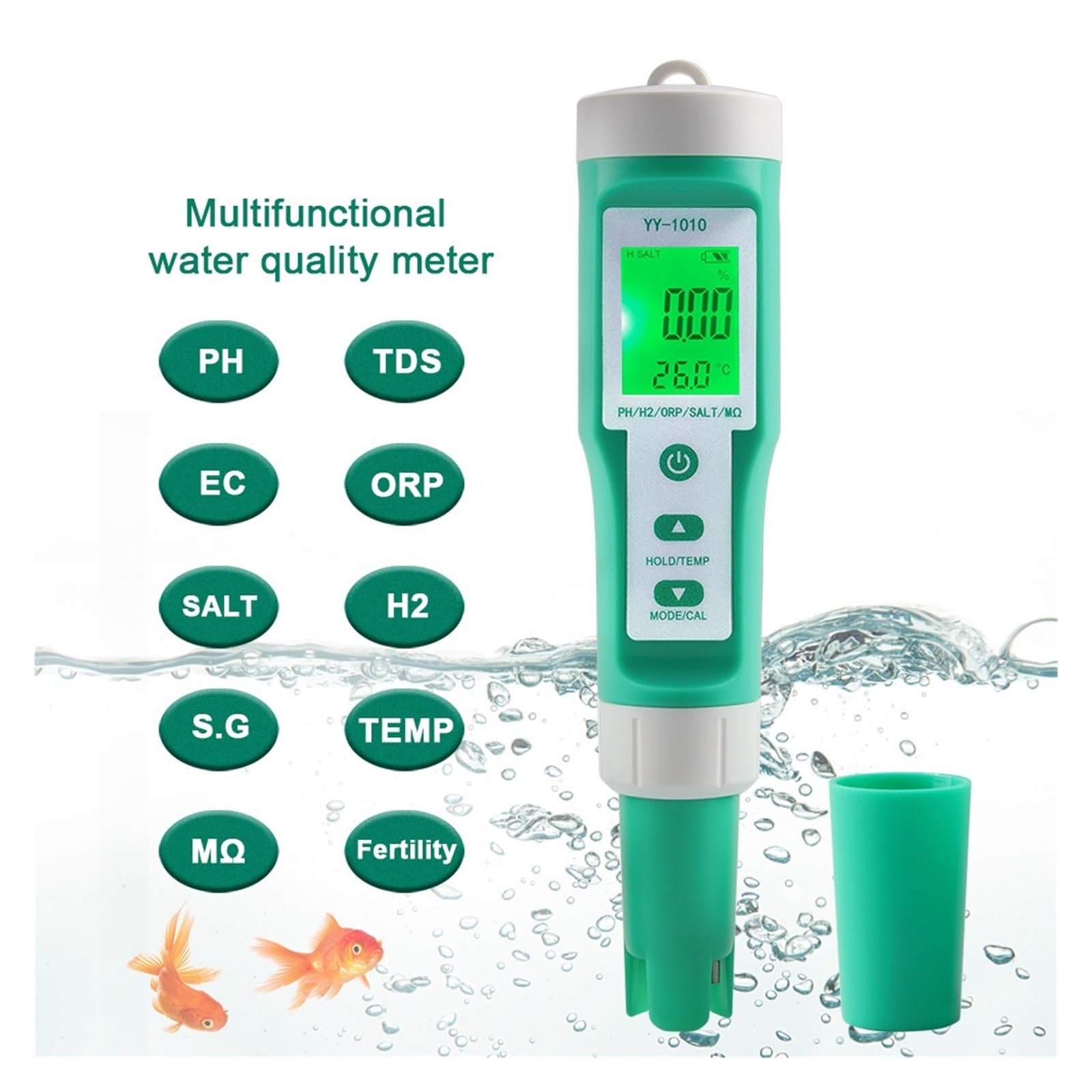 Medidor de calidad del agua 10 en 1: pH, CE, TDS, ORP, H₂, sal, fertilidad, SG, MΩ y temperatura.