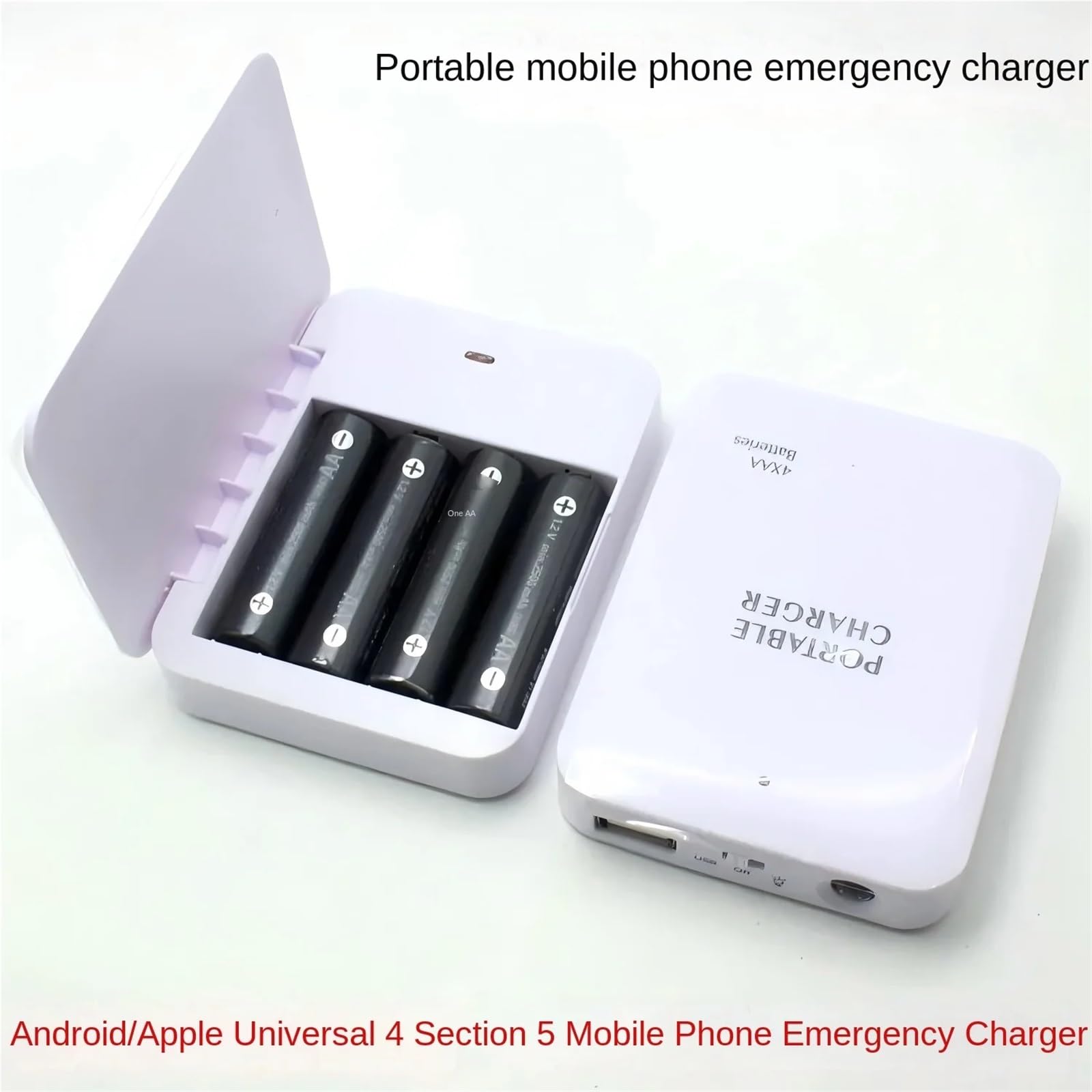 Cargador de teléfono alimentado por batería, caja de alimentación externa, cargador de batería de emergencia por 4 pilas AA con puerto USB y linterna (blanco, 5 piezas)