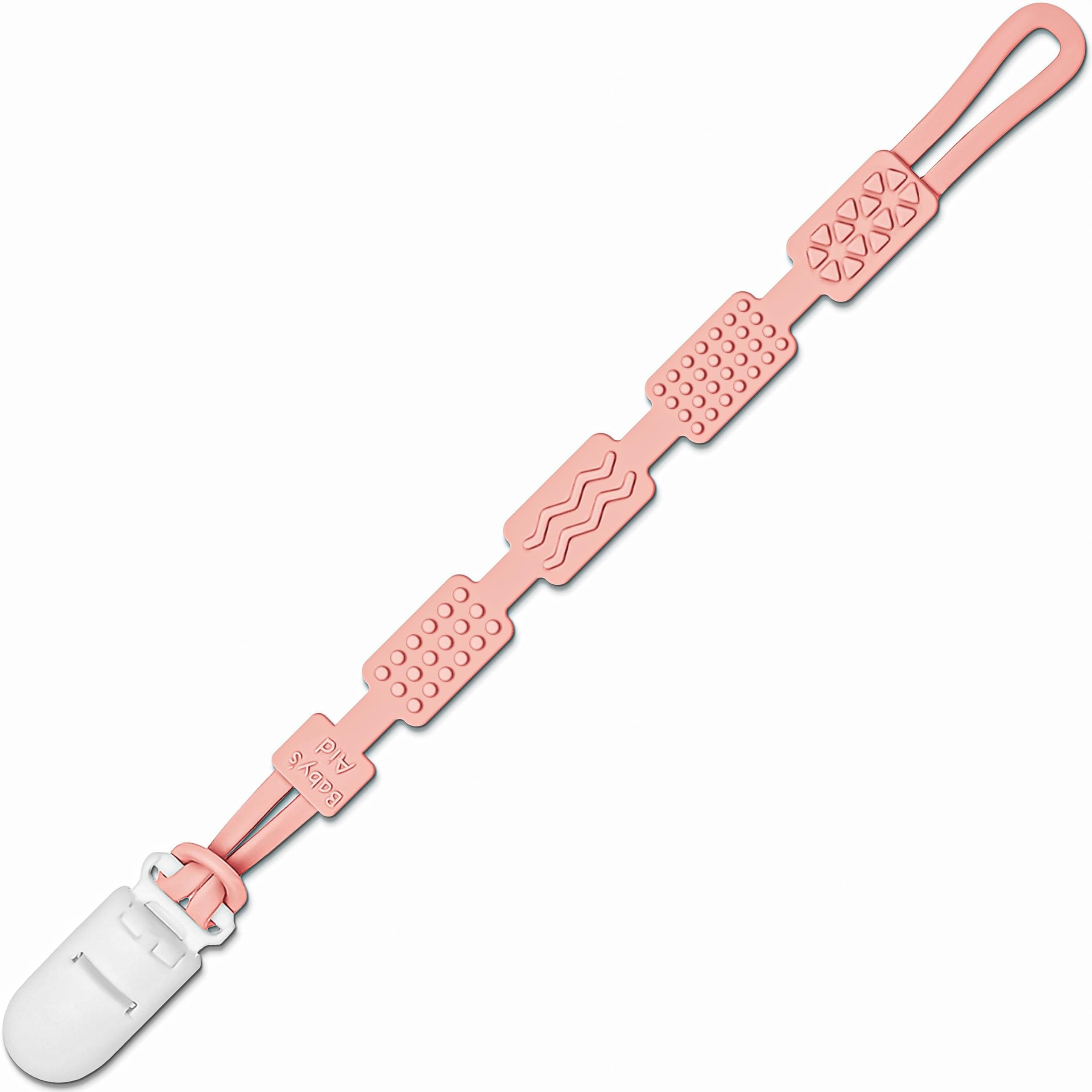 Silicone Pacifier Clip with 4 Teething Textures, One-Piece Patented Design, Dishwasher Safe, Secure Plastic Clip, Fits All Pacifiers, Baby’s Aid (Blush)