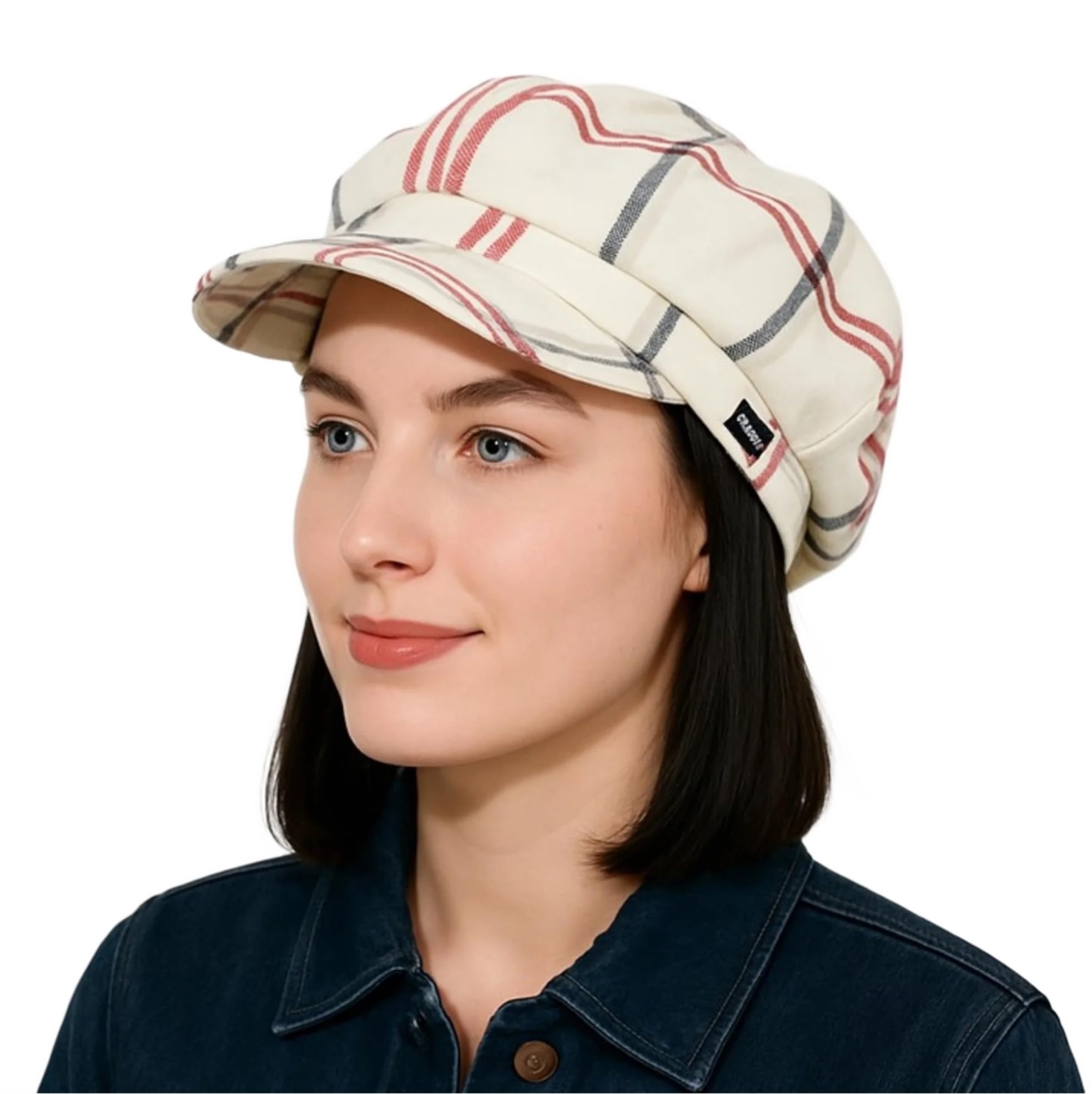 CRAGGI Ladies Signature Check Baker Boy Cap Red Navy Cream Newsboy Hat