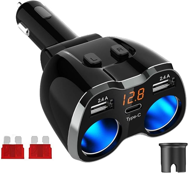 Ładowarka samochodowa, adapter do zapalniczki samochodowej 80 W, dwukierunkowy przełącznik 12 V/24 V, gniazdo zasilania samochodowego z podwójnym adapterem USB 2,4 A i portem typu C do samochodu
