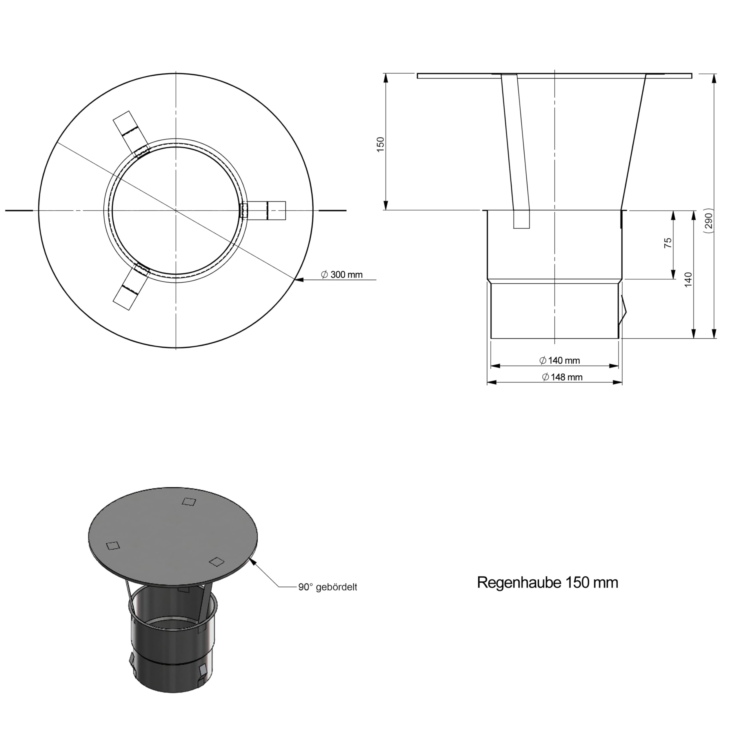 Regen-Haube mit Einschub 150mm Kaminhut aus Edelstahl mit Spannfedern ohne Werkzeug montierbar Säurebeständig zum einstecken universal langlebig passgenau