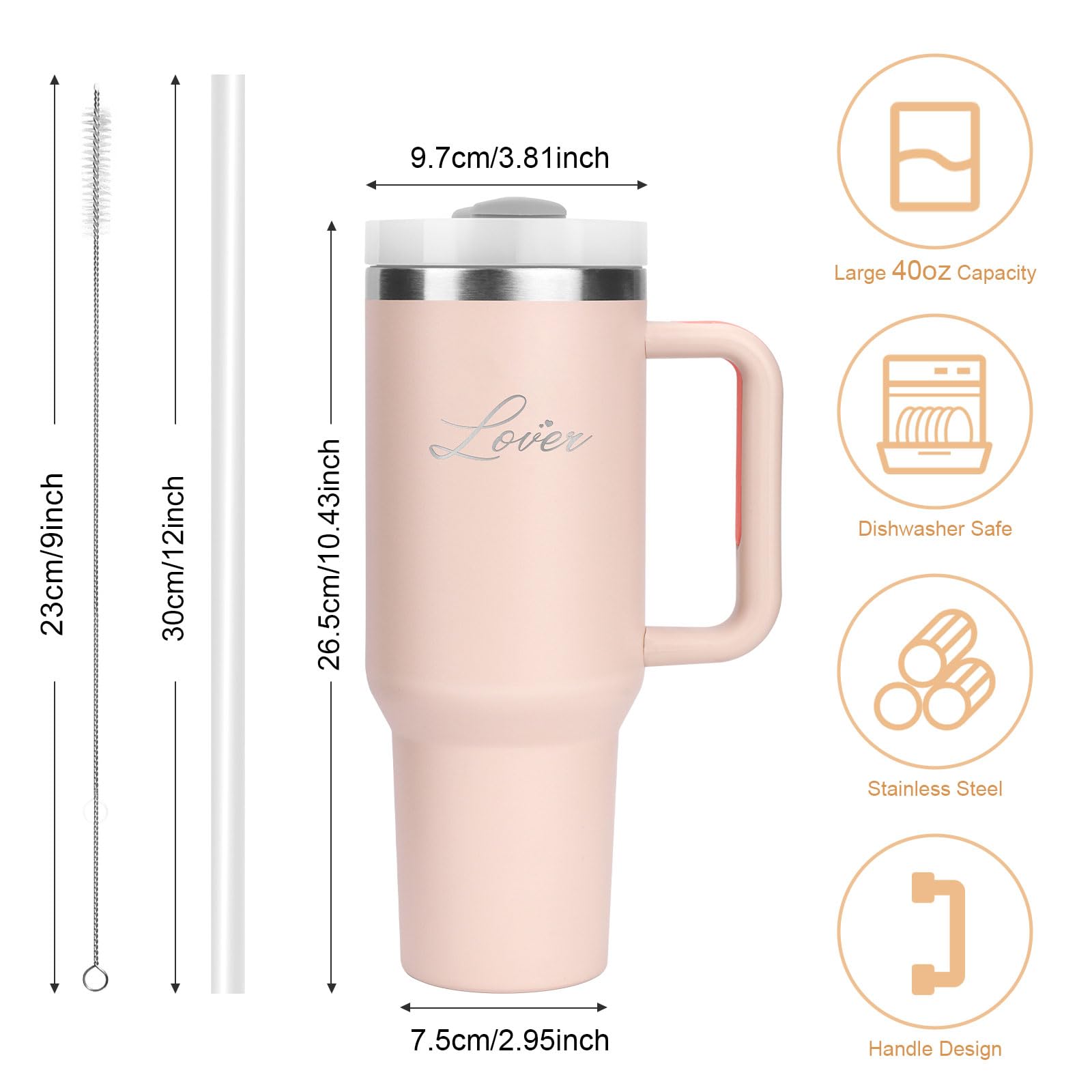 Bicchiere Isolato da 40oz in Acciaio Inossidabile con Manico,con Cannuccia e Spazzola per la Pulizia,Regali per Gli Amanti Della Musica per le Donne,Tazza Termica da Viaggio Thermos()