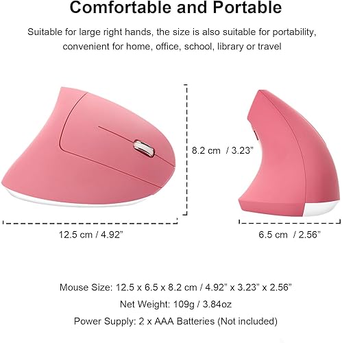 Miniatura 2 de Ratón vertical inalámbrico rosa, ergonómico, vertical, de alta precisión, Ergo, óptico 2.4G, inalámbrico, ligero, con 3 DPI ajustables 80012001600