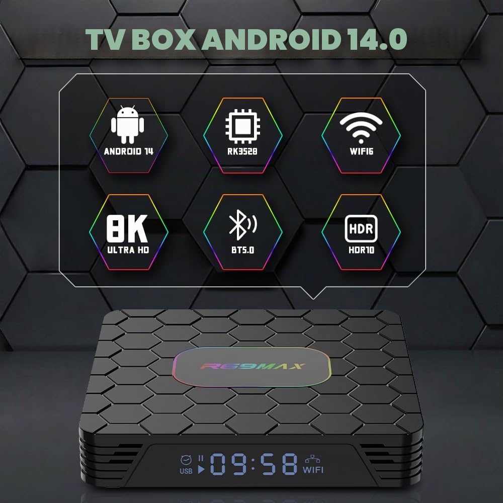 Android 14.0 TV Box, Box TV 4GB RAM 32GB ROM RK3528 Quad-Core Cortex-A53 8K Decoder, supporto 2.4G/5.0GHz Dual Wi-Fi 6 BT 5.0, USB 3.0/2.0, HDMI 2.0 Smart TV Box