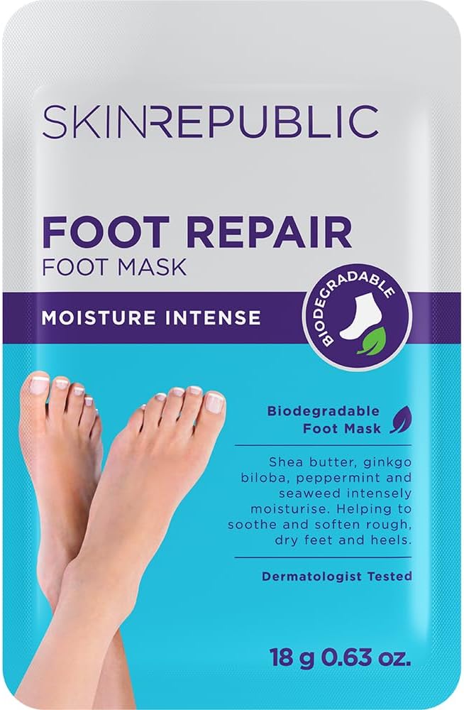 Skin Republic Foot Repair Mask (1 Pair) – Moisturizing Foot Mask with Shea Butter, Ginkgo Biloba, Green Tea, Peppermint & Seaweed to Soften Rough, Dry Heels, Soothe, Repair & Rejuvenate Damaged Skin