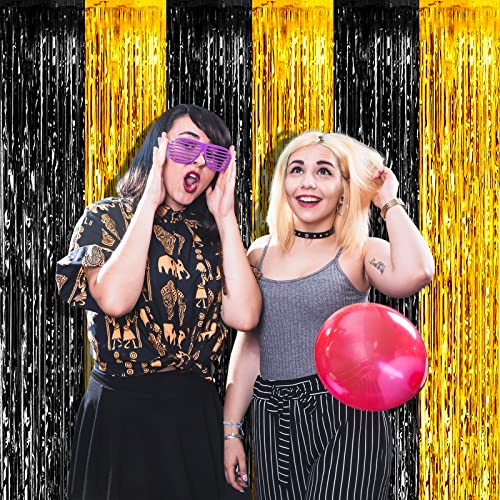 Image of 4 Pack 3.2Ft x 8.2Ft Black Gold Foil Fringe Curtain Backdrop, Metallic Tinsel Foil Fringe Streamers Curtains Background for Photo Booth, Birthday, Wedding, Mardi Gras, Graduation Party Decoration